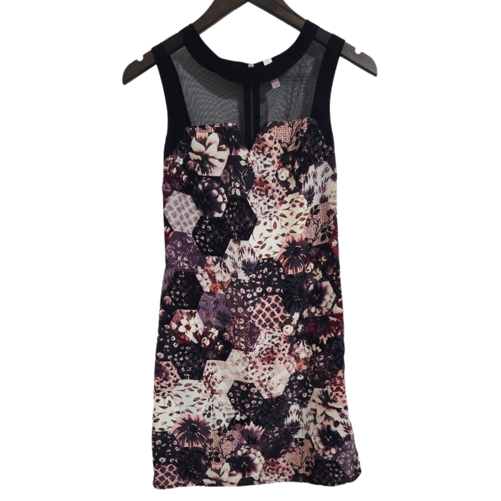 EUC Xhilaration Foral Mesh Sleeveless Black and Purple Women's Dress XS